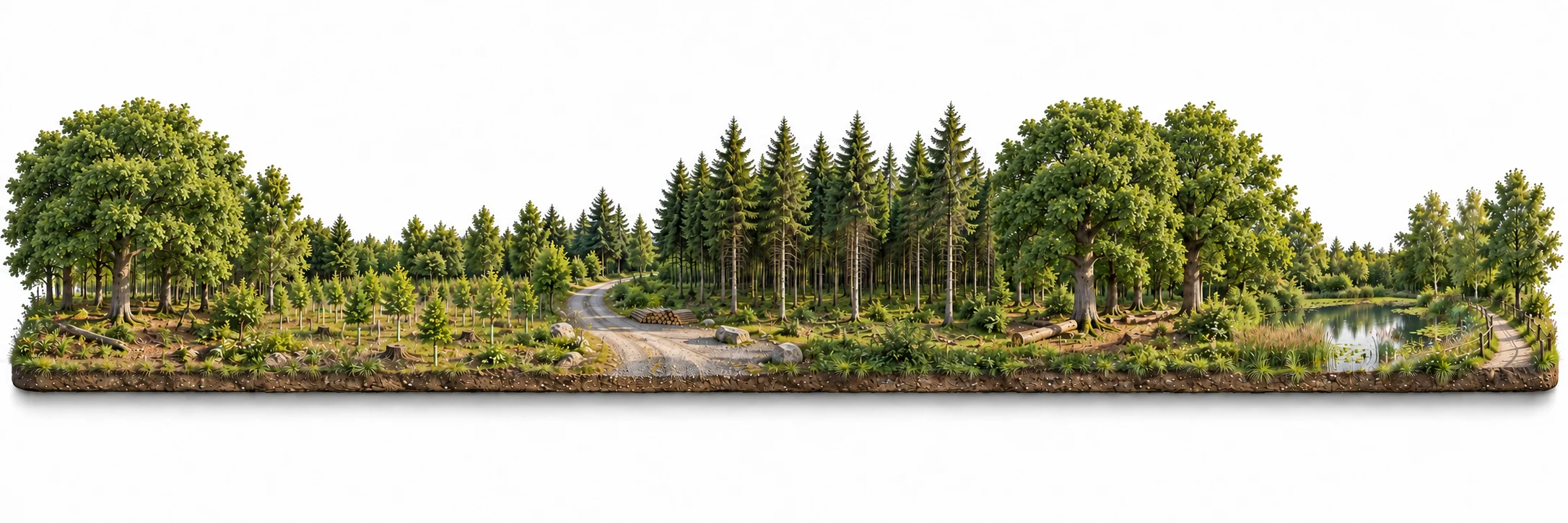 Frise forestière avec des chênes aux feuillages denses, de jeunes plantations, des résineux et un étang.