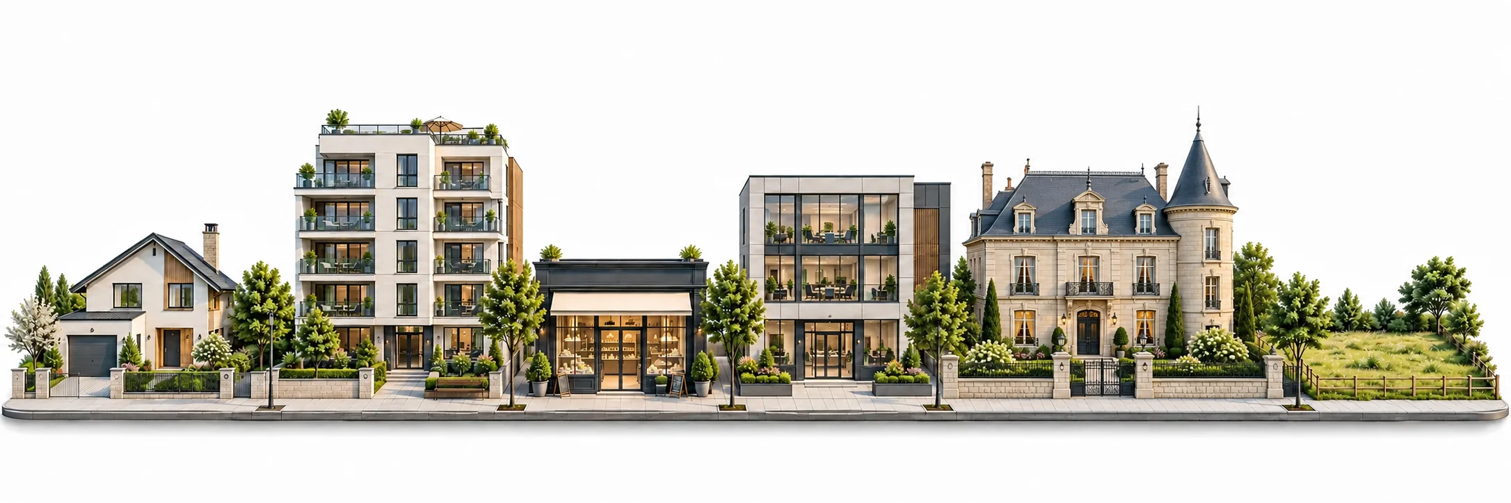 Maison, immeuble, commerce, bureaux, château et terrain non bâti.